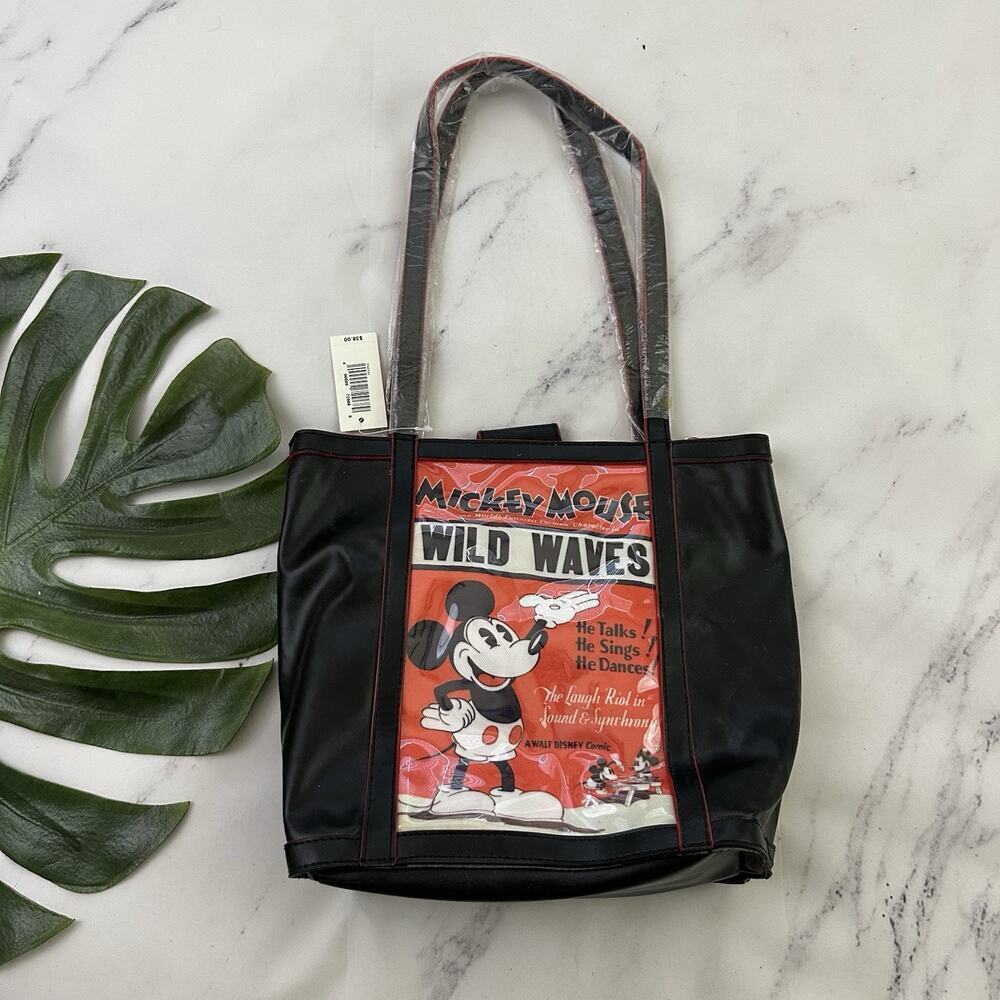 Disney Parks Retro Mickey Mouse Poster Tote Bag Purse New Black Red Faux Leather